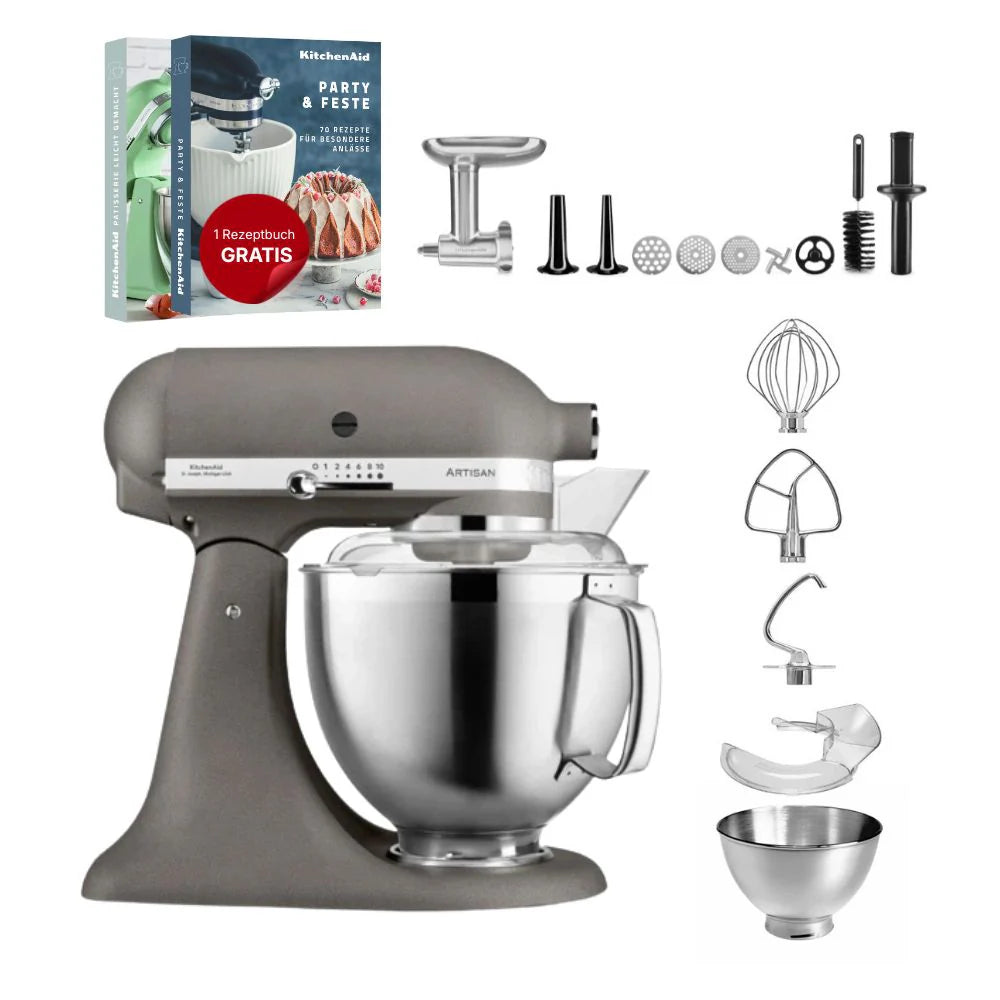 KitchenAid 4,8 L 5KSM185 Artisan Küchenmaschine Meatlover Metallfleischwolf 5KSMMGA Gr. 8 und Spritzgebäckvorsatz