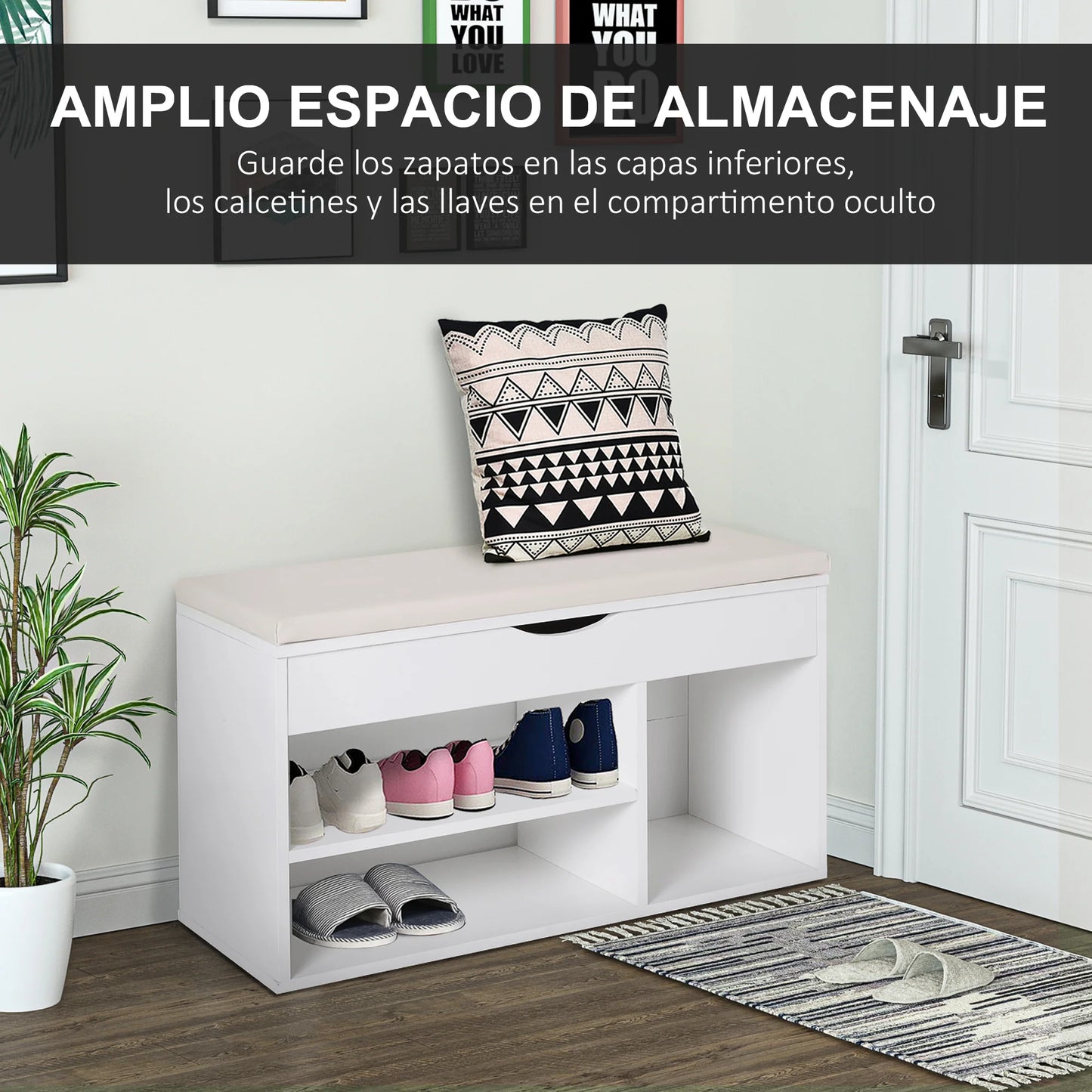 HOMCOM Schuhbank mit Sitzplatz – Moderne Schuhaufbewahrung für den Eingangsbereich mit Schublade, offenen Regalen und 1 Kissen für Flur 80x30x47cm