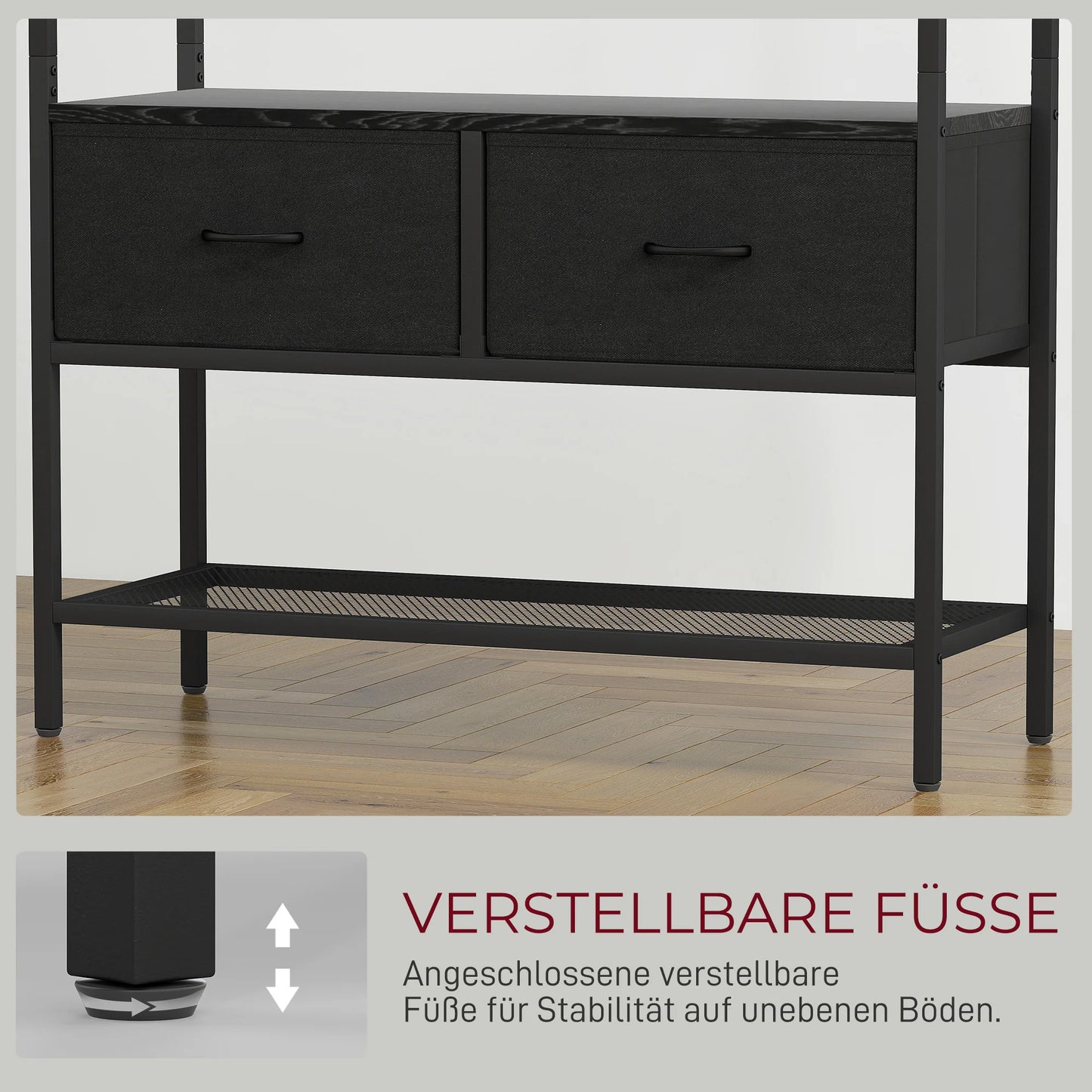 HOMCOM Garderobenständer, Kleiderstange mit Schuhregal, 2 Stoffschubladen, Garderobe mit 8 Haken, Regal, Garderobenständer mit Kippschutz, für Eingangsbereich, Flur, Schlafzimmer, Schwarz