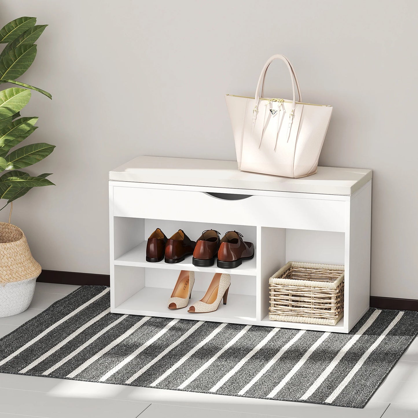 HOMCOM Schuhbank mit Sitzplatz – Moderne Schuhaufbewahrung für den Eingangsbereich mit Schublade, offenen Regalen und 1 Kissen für Flur 80x30x47cm