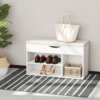 HOMCOM Schuhbank mit Sitzplatz – Moderne Schuhaufbewahrung für den Eingangsbereich mit Schublade, offenen Regalen und 1 Kissen für Flur 80x30x47cm