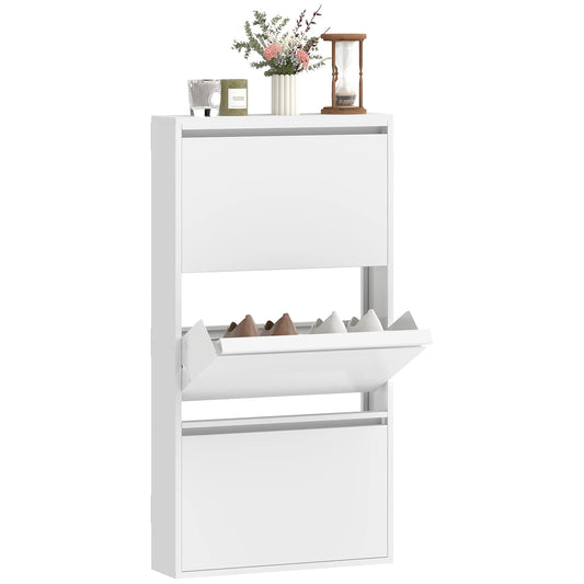 HOMCOM Metall-Schuhschrank mit 3 Klappen — schlanker wandmontierter Schuhschrank für 6 Paar, 55 x 15 x 105,5 cm, Weiß