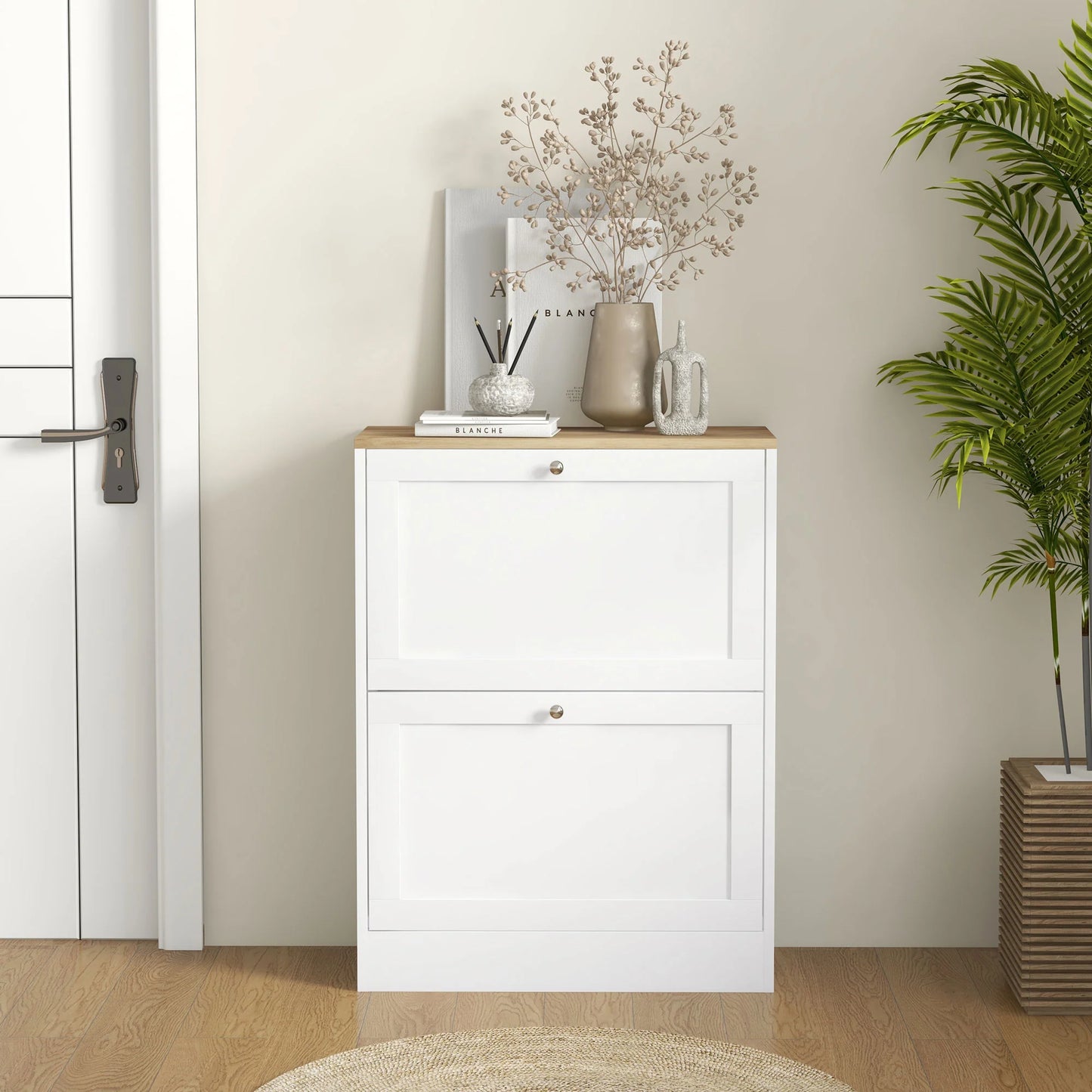HOMCOM Schuhschrank für 12 Paare, schmaler Schuhaufbewahrungsschrank, modernes Möbelstück für den Eingangsbereich mit 2 Klappschubladen und verstellbaren Regalen, für Flur und Eingangsbereich, 60 x 24 x 80 cm, Weiß