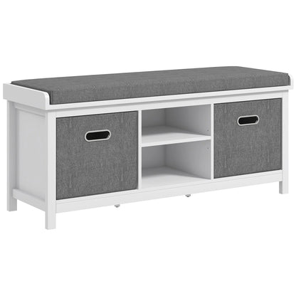 HOMCOM Schuhe-Bank mit verstellbarem 3-stufigem Regal, 2 abnehmbaren Schubladen und Polster, Möbel aus Spanplatte, 105x35x47 cm, Weiß und Grau