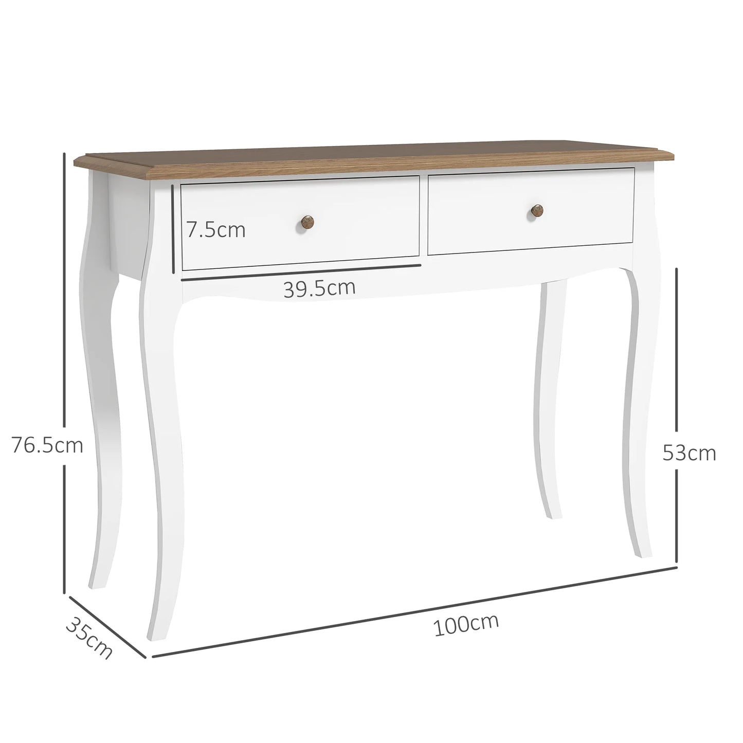 HOMCOM Konsolentisch Flurtisch mit 2 Schubladen im französischen Stil für Flur Schlafzimmer Wohnzimmer 100x35x76,5 cm Weiß und Dunkelbraun