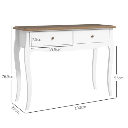 HOMCOM Konsolentisch Flurtisch mit 2 Schubladen im französischen Stil für Flur Schlafzimmer Wohnzimmer 100x35x76,5 cm Weiß und Dunkelbraun