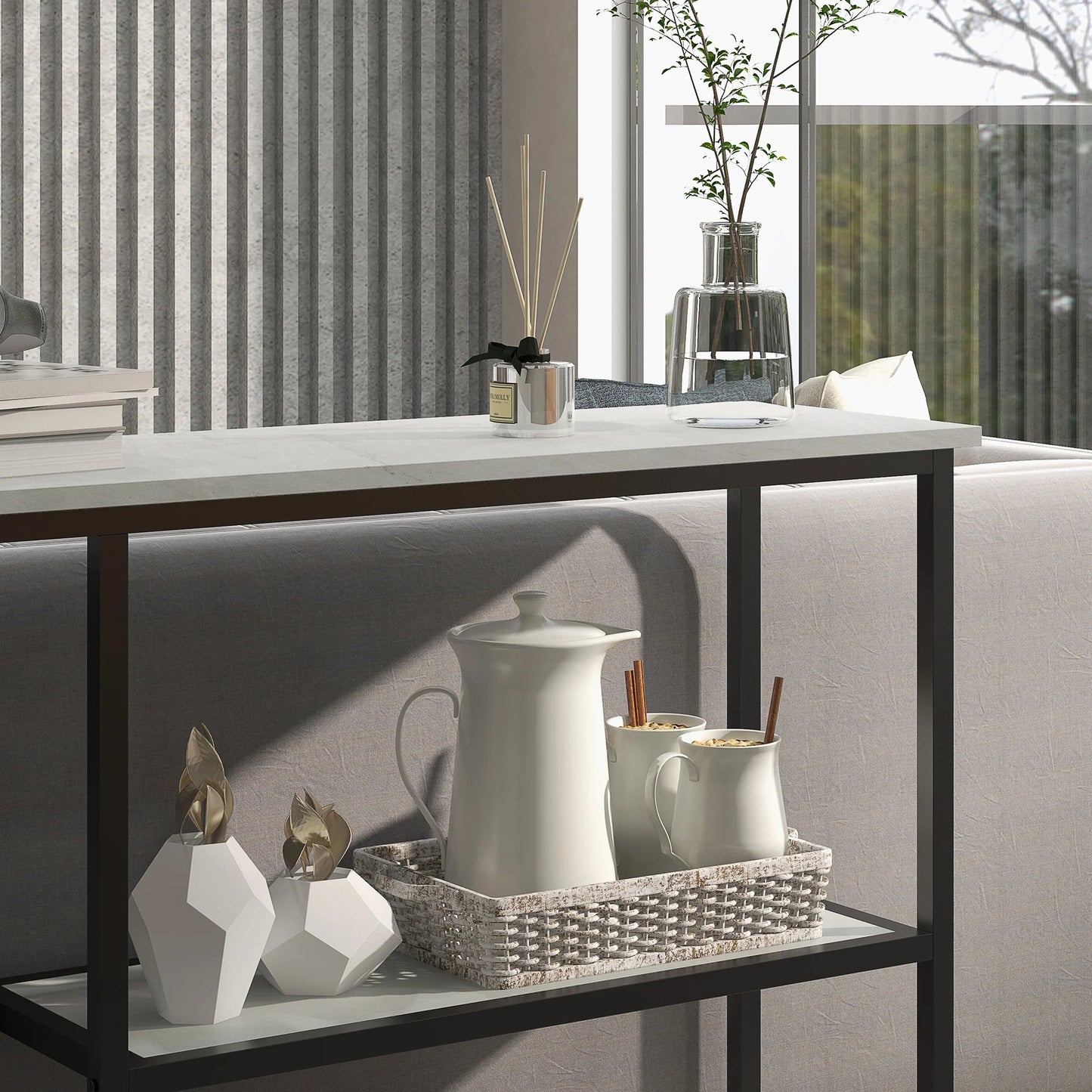 HOMCOM Konsolentisch, Flurtisch mit 3 Regalen, 100 x 30 x 80 cm, Beistelltisch, kleiner Präsentationstisch für schmale Räume, Flur, Diele, Wohnzimmer, Schlafzimmer, Weiß