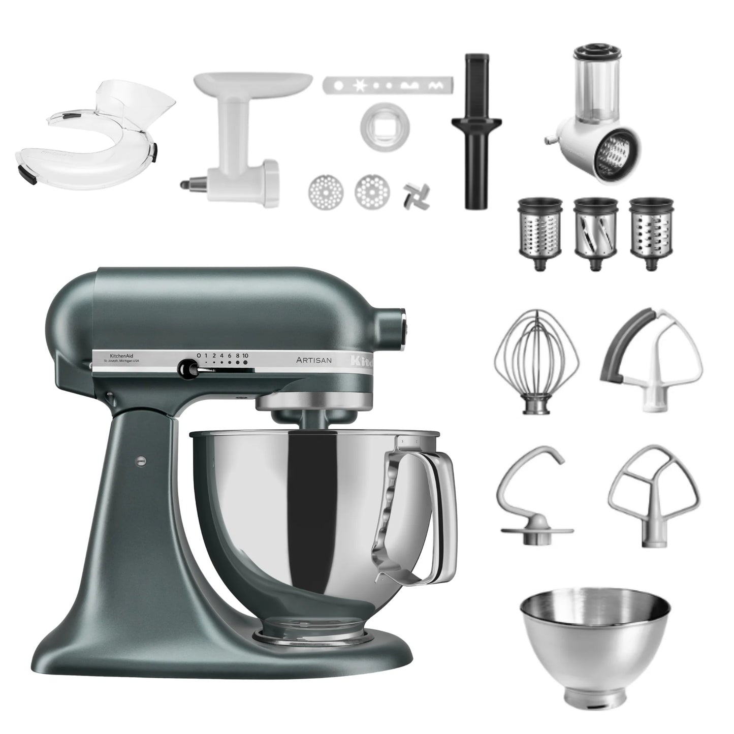 KitchenAid 4,8 L 5KSM175 Artisan Küchenmaschine Allrounderset mit Gemüseschneider+Fleischwolf+Spritzgebäckvorsatz