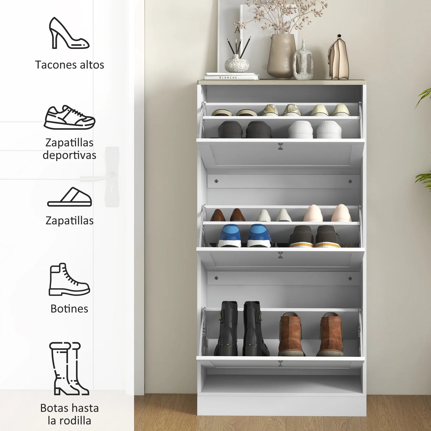 HOMCOM Schmales Schuhschrank mit 3 Klapptüren – Schuhaufbewahrung für den Eingangsbereich mit verstellbaren Regalen für 18 Paar Schuhe für schmale Flure 60x23,5x115 cm Weiß