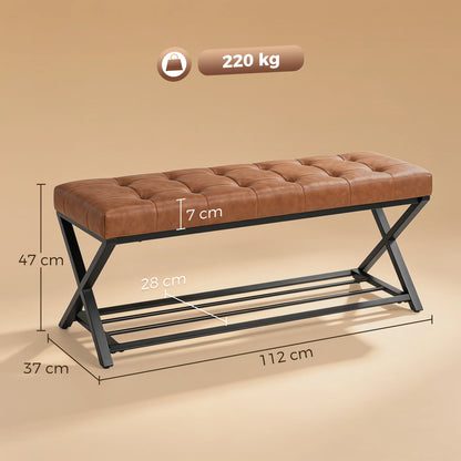 HOMCOM Schuhbank mit gepolstertem Sitz, Schuhregal, Industrial X-Rahmen aus Stahl, PU-Leder, belastbar bis 220 kg, 112 x 37 x 47 cm, Braun
