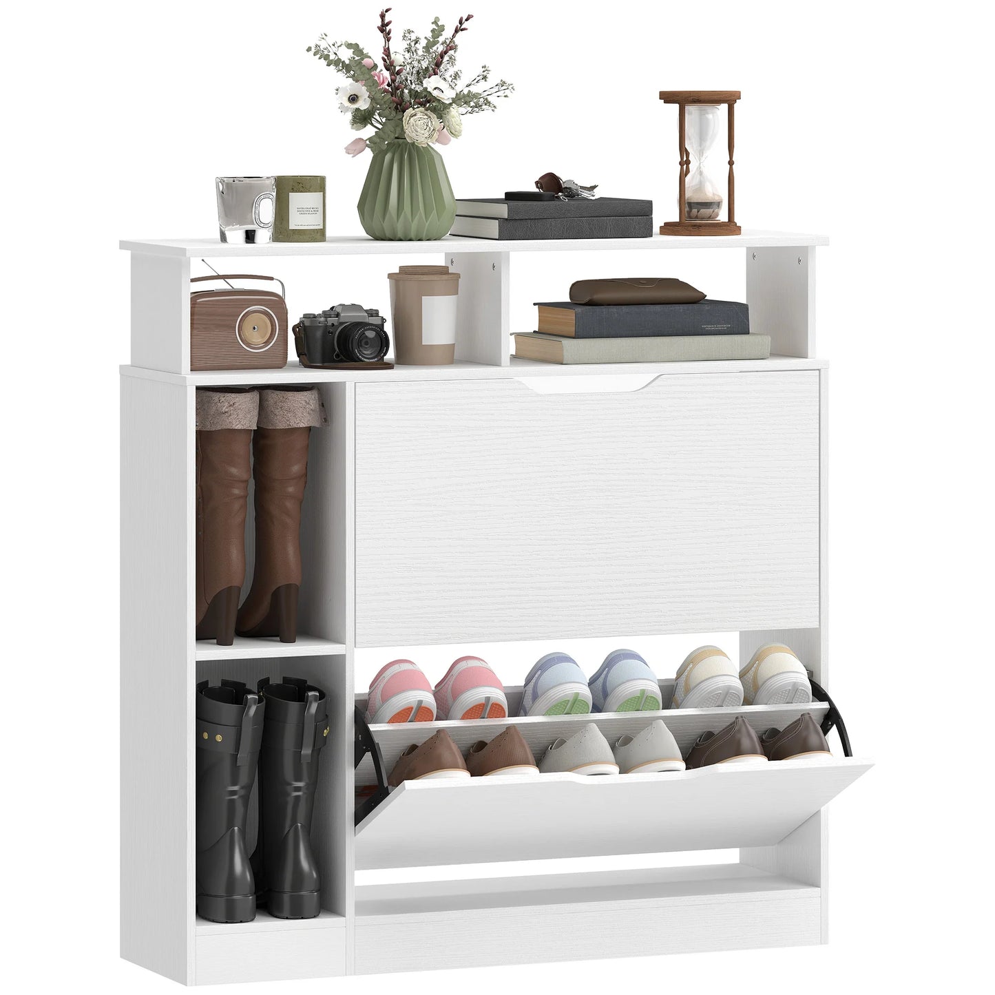 HOMCOM schmaler Schuhschrank mit 2 Klappen, offenen Fächern & verstellbarem Einlegeboden, 89 x 25 x 92 cm, Weiß