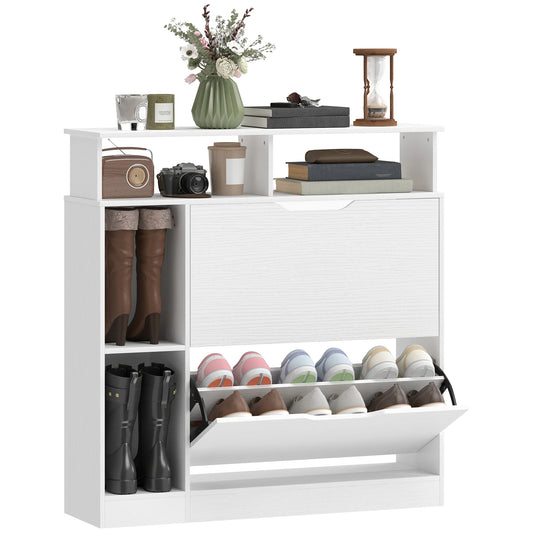 HOMCOM schmaler Schuhschrank mit 2 Klappen, offenen Fächern & verstellbarem Einlegeboden, 89 x 25 x 92 cm, Weiß