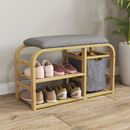 HOMCOM Schuhbank aus Bambus mit gepolsterter Sitzfläche, 2 Lattenregalen und schiebendem Stoffkorb, Flurbank für Flur, Schlafzimmer, 70x30x45cm, Naturholz