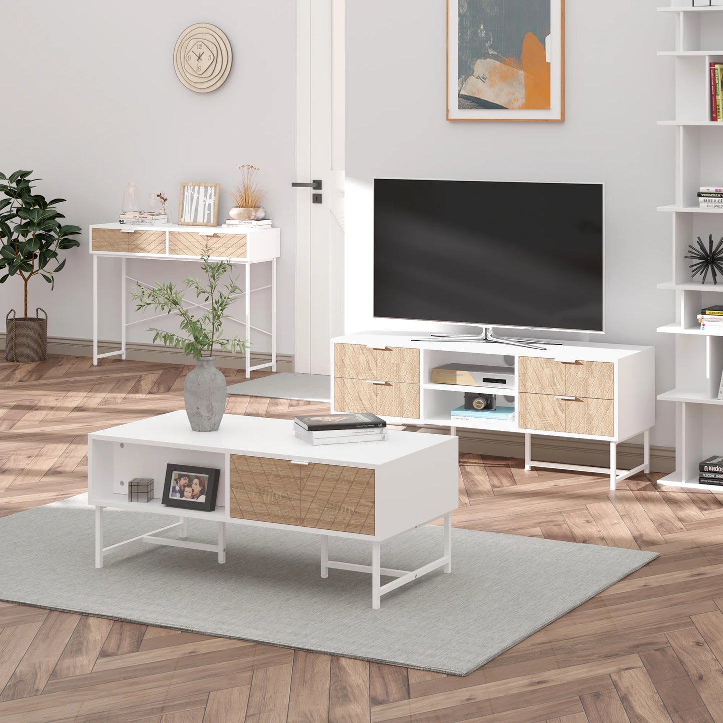 HOMCOM Schmale Konsole für den Eingangsbereich mit 2 Schubladen, modernes Design mit eingeprägten Linien für Flur, Wohnzimmer und Schlafzimmer 100x30x75 cm Weiß und Eiche