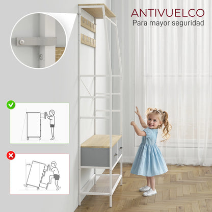 HOMCOM Garderobe mit Schuhregal – Eingangsbereich Garderobe mit Schuhregal, 8 Haken, 2 Stoffschubladen, Maschenregal im industriellen Stil für hängende Kleidung – Flur, Schlafzimmer, Wohnzimmer 80x30x180,5 cm Natur