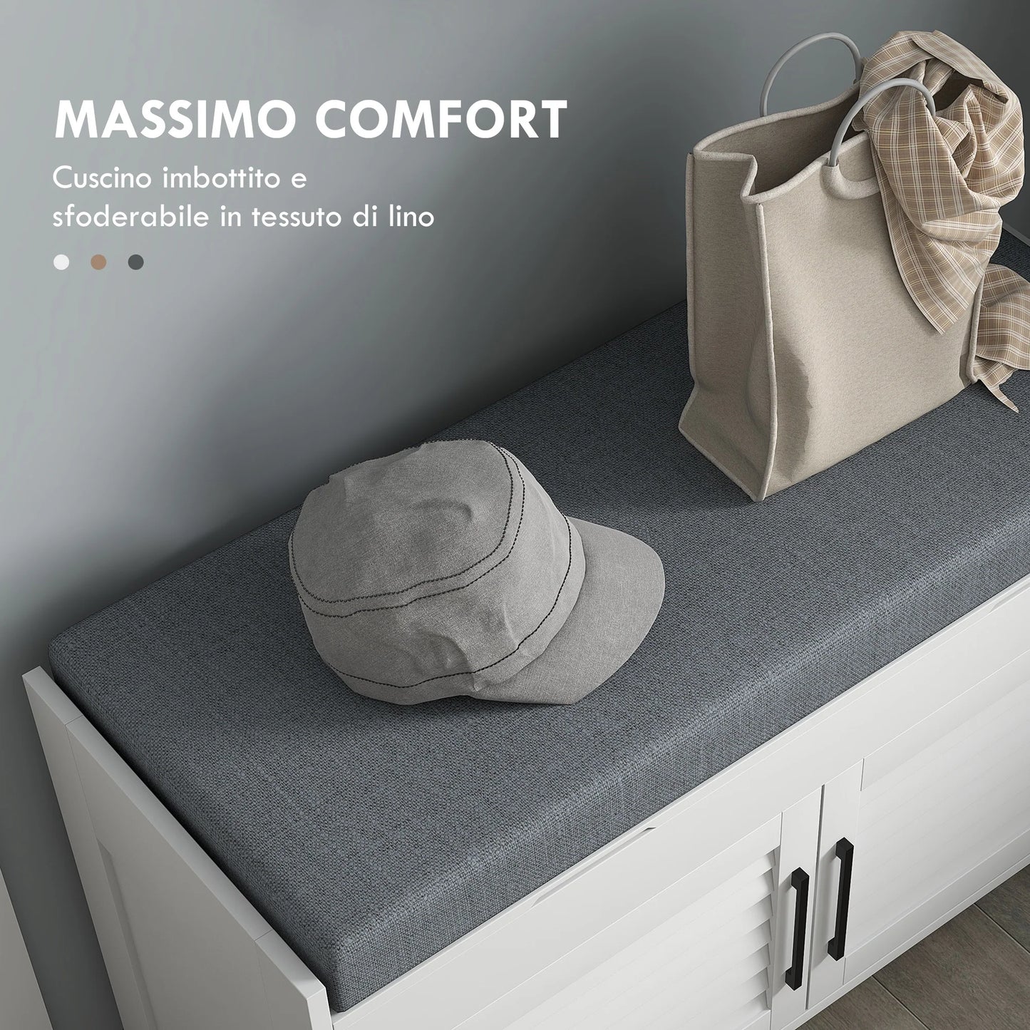 HOMCOM Schuhbank mit verstellbarem Innenregal in 3 Höhen, schlanke Schuhbank aus MDF mit Leinenbezug, 90x36x50 cm, Weiß und Grau