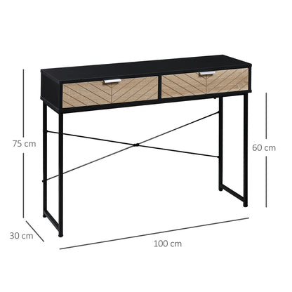 HOMCOM Schmale Konsole Eingangstisch mit 2 Schubladen, geschnitzte Linien, modernes Design für Flur, Eingangsbereich, Wohnzimmer und Schlafzimmer, 100x30x75 cm, Schwarz und Eiche