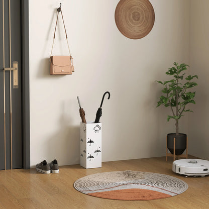 HOMCOM Regenschirmständer aus Stahl mit 4 Haken und abnehmbarem Tropfbehälter – Weißer Regenschirmhalter für Flur und Büro 15,5x15,5x41 cm