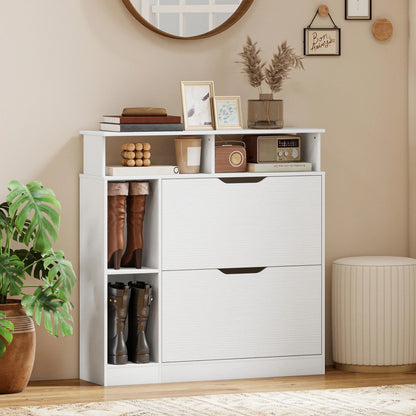 HOMCOM schmaler Schuhschrank mit 2 Klappen, offenen Fächern & verstellbarem Einlegeboden, 89 x 25 x 92 cm, Weiß