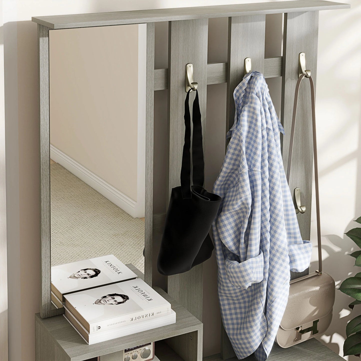 HOMCOM 4-in-1 Flurmöbel Set mit Garderobe, Spiegel, Sitzbank mit Regal und Schuhregal für 8 Paar Schuhe, Grau