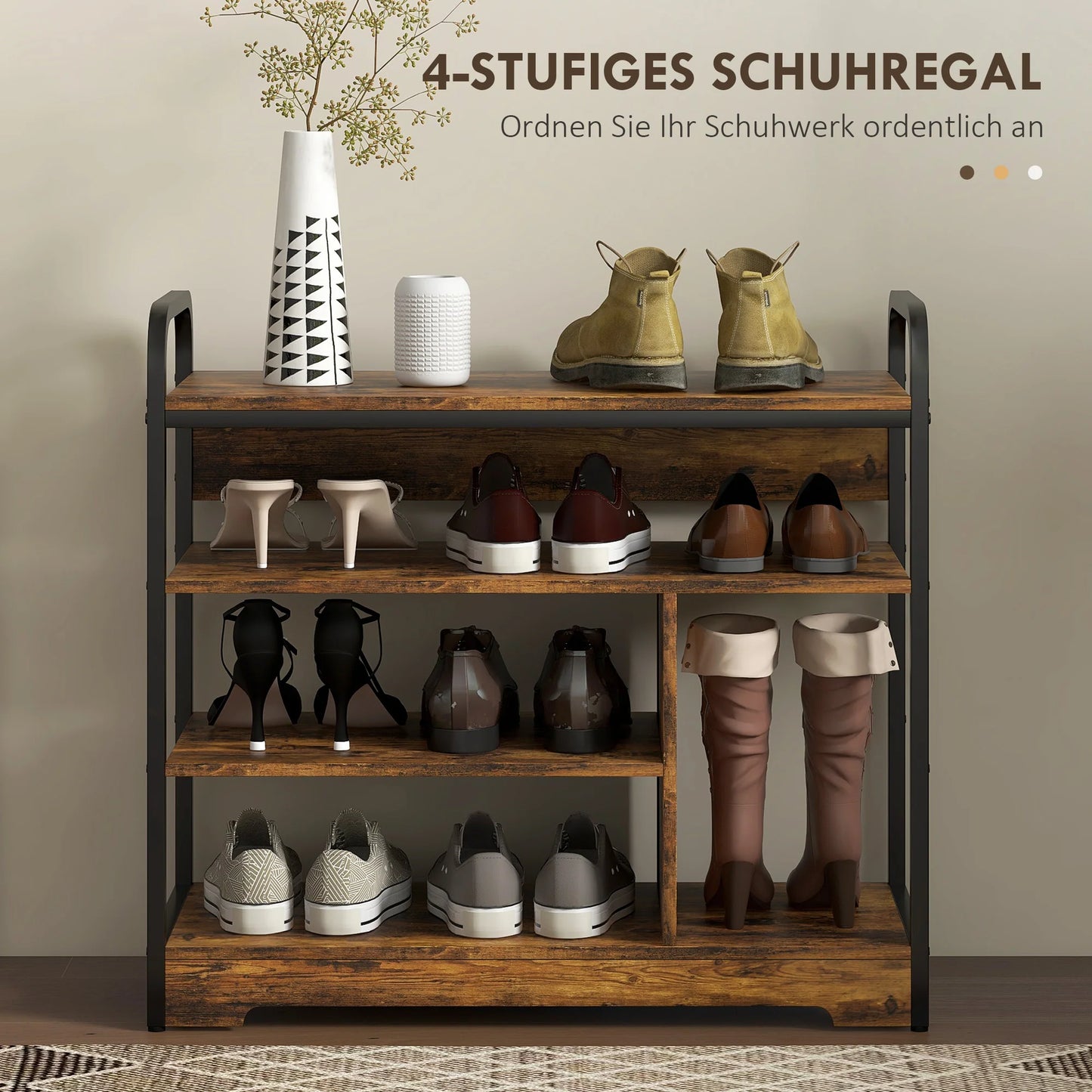 HOMCOM Schuhregal mit 4 Ebenen, Schuhregal mit Griff, Schuhständer für 11 Paar Schuhe, Platzsparende Schuhaufbewahrung, Schuhorganizer für Eingangsbereich, Flur, Rustikal Braun