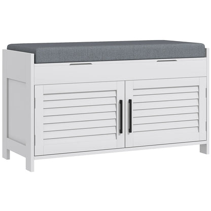 HOMCOM Schuhbank mit verstellbarem Innenregal in 3 Höhen, schlanke Schuhbank aus MDF mit Leinenbezug, 90x36x50 cm, Weiß und Grau