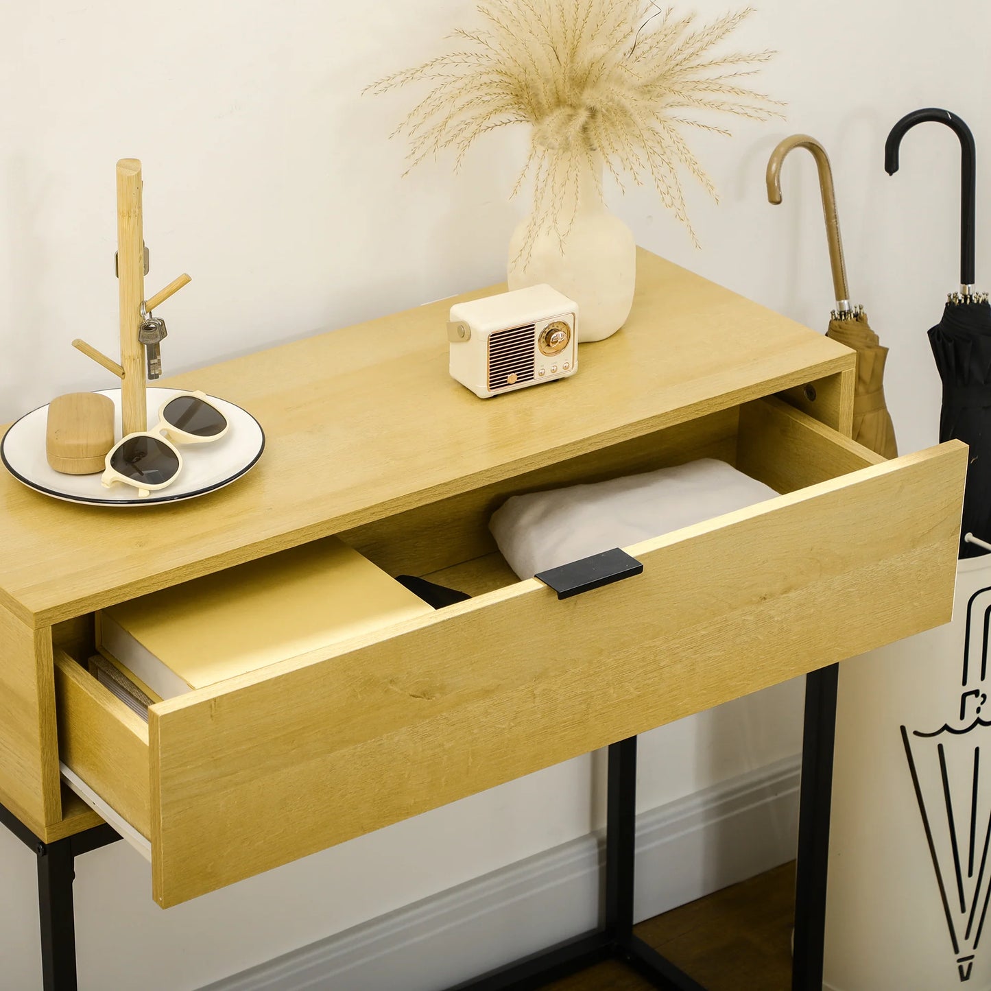HOMCOM Konsolentisch mit Schublade Moderner Beistelltisch mit Stahlbeinen für Flur, Wohnzimmer, Schlafzimmer 80x30x76 cm Natur