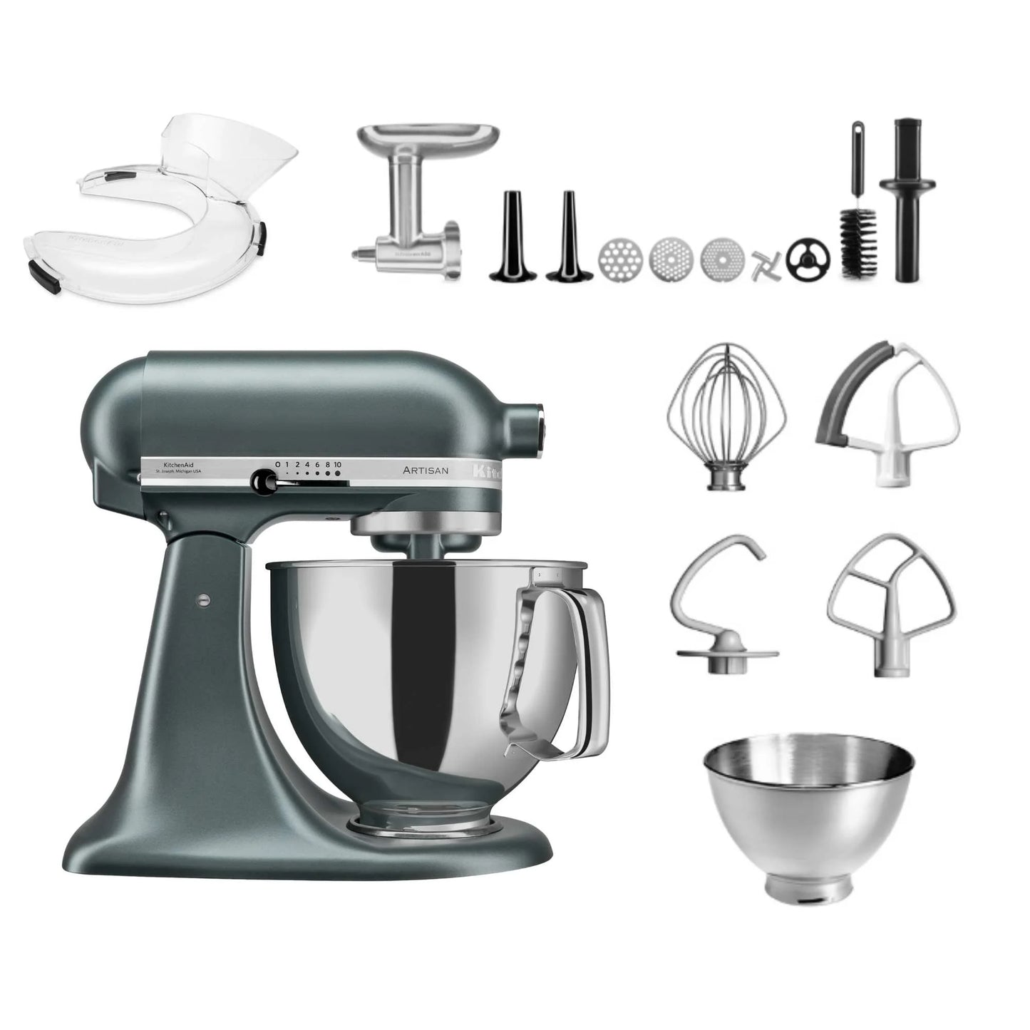 KitchenAid 4,8 L 5KSM175 Artisan Küchenmaschine Meatlover mit Ganzmetall- Fleischwolf und Spritzgebäckvorsatz