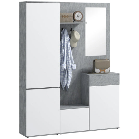 HOMCOM 4-in-1 Garderobenständer mit Spiegel, Haken und verstellbaren Innenregalen, Multitasking Holz-Garderobenmöbel mit Schublade, 145x29x184 cm, Grau und Weiß