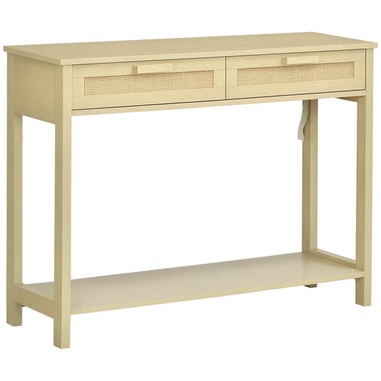 HOMCOM Konsolentisch Flurtisch mit 2 Schubladen Rattanoberfläche und unterem Regal für Flur Wohnzimmer Schlafzimmer Rustikaler Stil 100x30x76 cm Natur