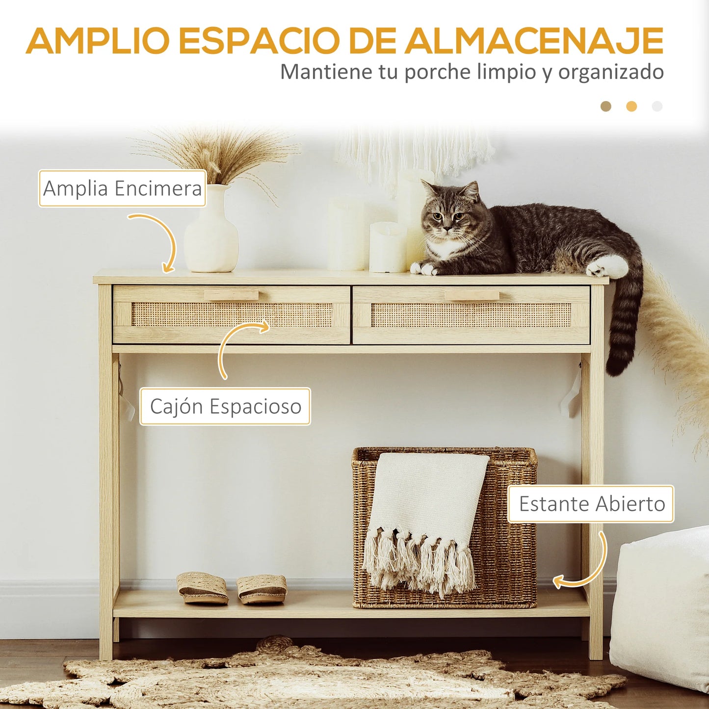 HOMCOM Konsolentisch Flurtisch mit 2 Schubladen Rattanoberfläche und unterem Regal für Flur Wohnzimmer Schlafzimmer Rustikaler Stil 100x30x76 cm Natur