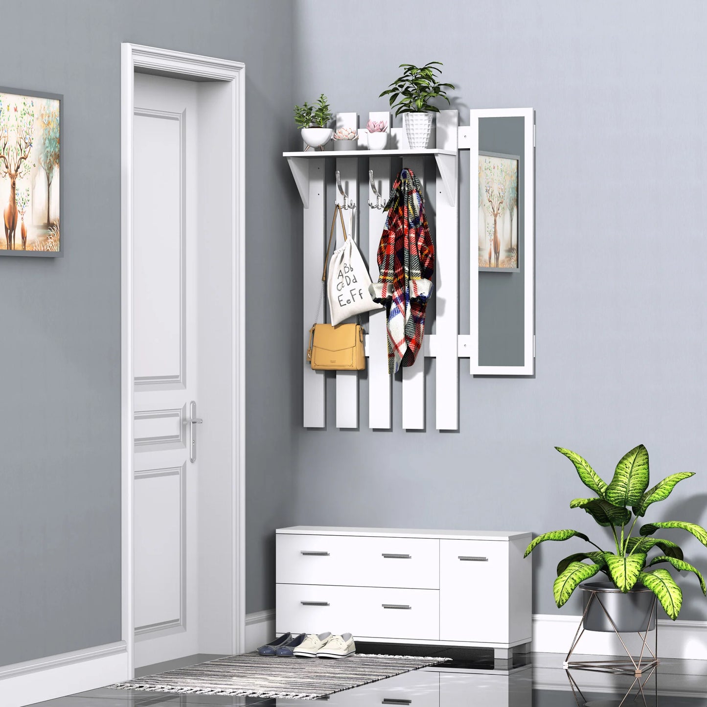 HOMCOM Eingangsset mit Spiegel, Garderobe und Schuhschrank – Eingangsbereich Möbel mit 3 Haken, Regal und 2 Schubladen für Diele in Weiß