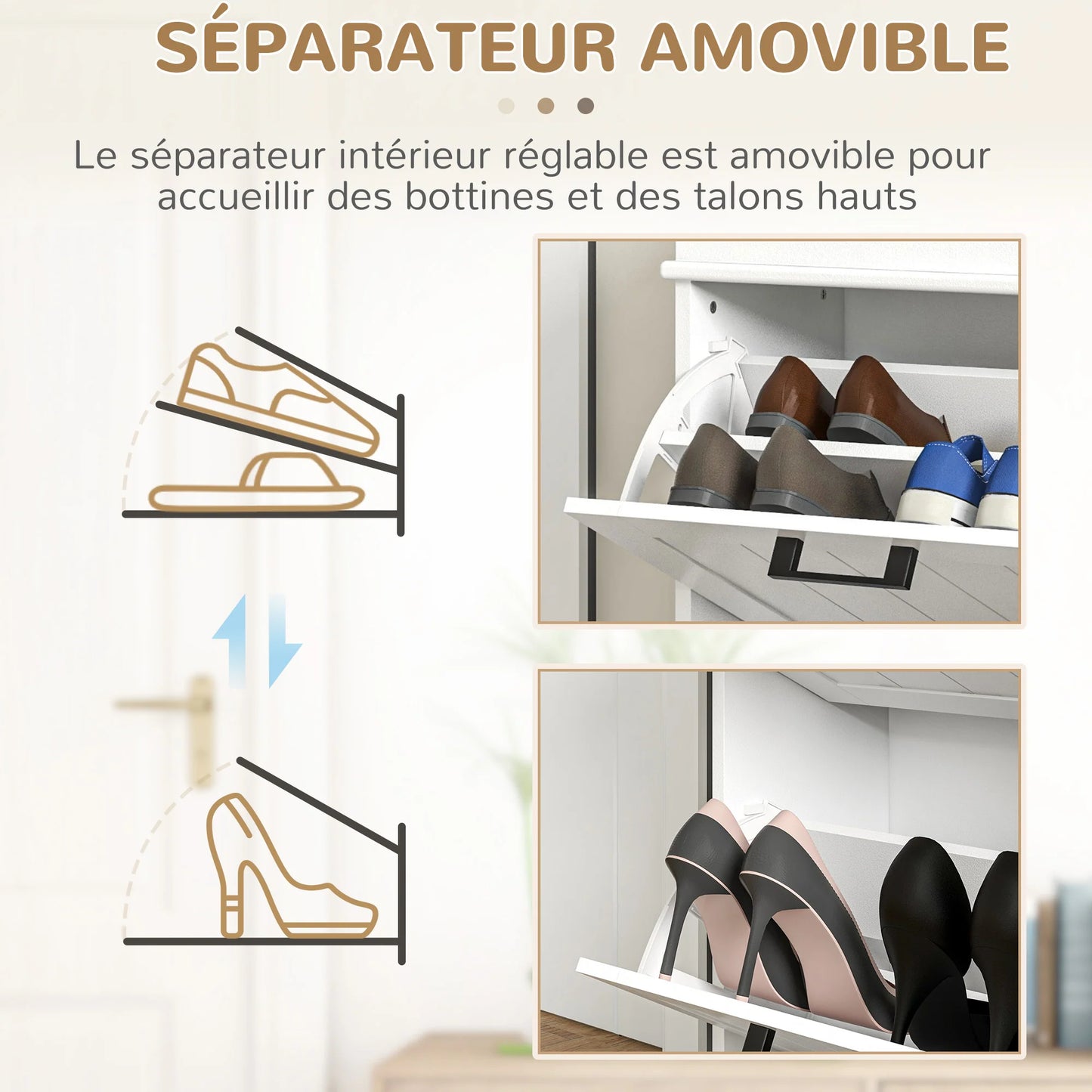 HOMCOM Schuhschrank, Schuhregal, 2 Klapptüren, verstellbare Regale, für Eingangsbereich, Flur, 54 x 24 x 82,5 cm, Weiß