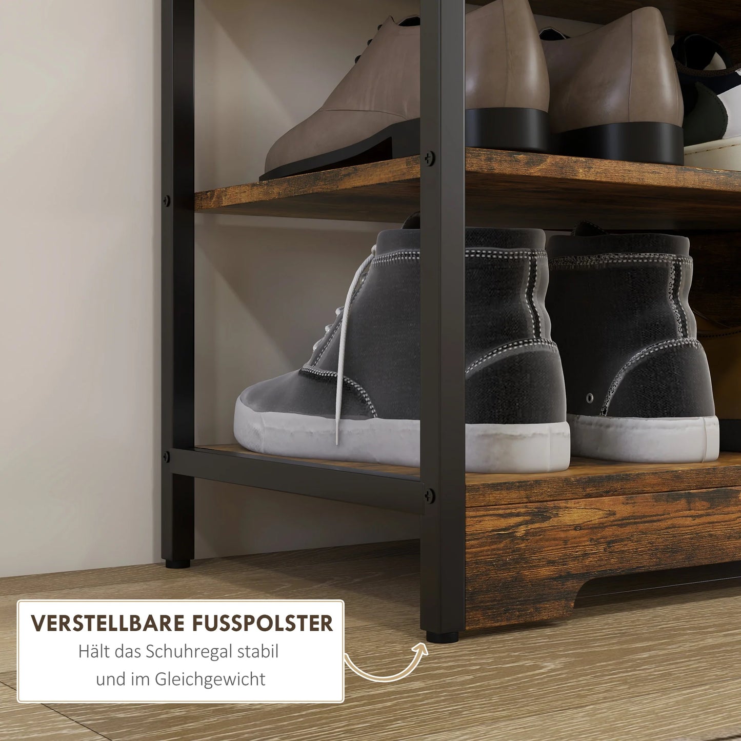 HOMCOM Schuhregal mit 4 Ebenen, Schuhregal mit Griff, Schuhständer für 11 Paar Schuhe, Platzsparende Schuhaufbewahrung, Schuhorganizer für Eingangsbereich, Flur, Rustikal Braun