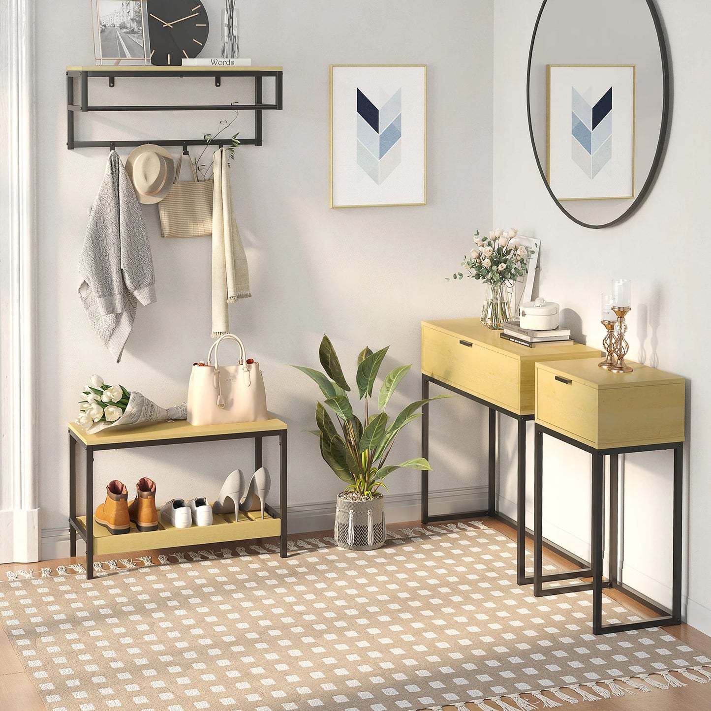 HOMCOM Konsolentisch mit Schublade Moderner Beistelltisch mit Stahlbeinen für Flur, Wohnzimmer, Schlafzimmer 80x30x76 cm Natur