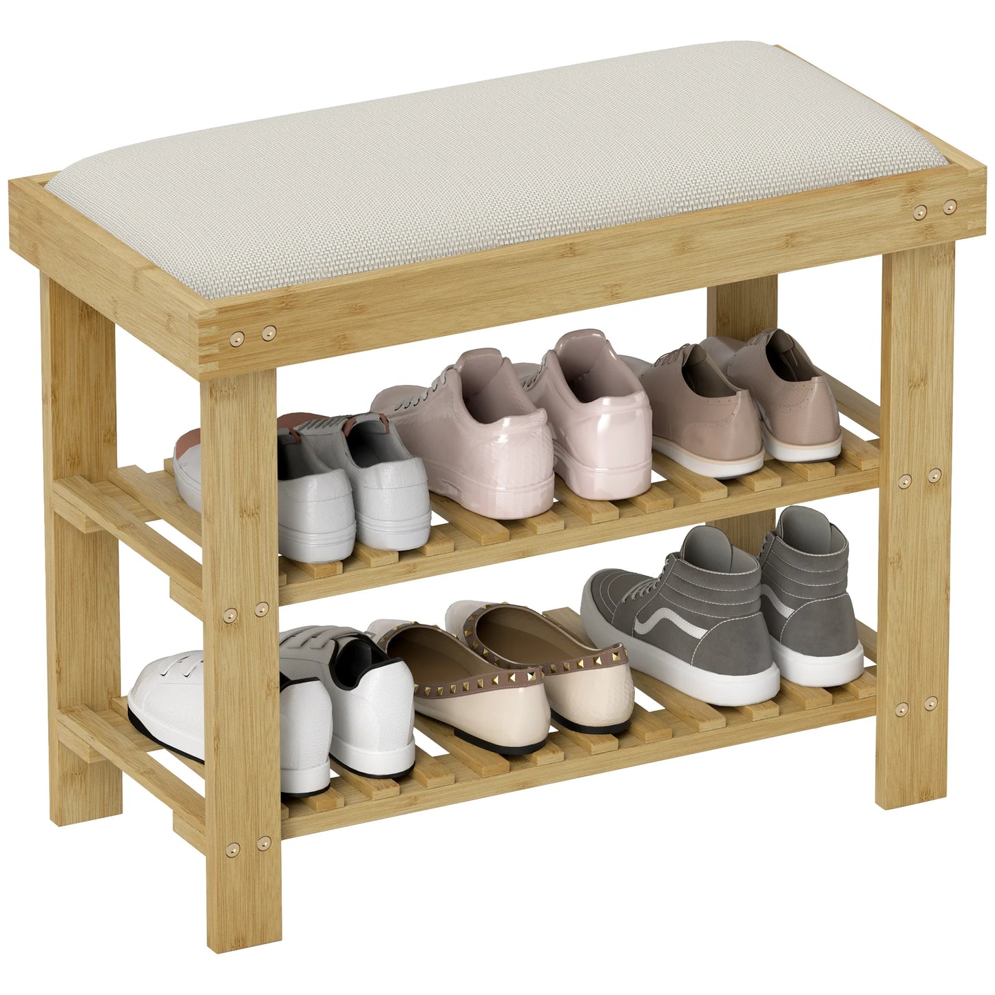 HOMCOM Schuhbank mit Sitzfläche, Bambus Sitzbank mit Stauraum, Schuhregal mit 2 offene Fächer, Sitzbank, Bank, Garderobenbank für Wohnzimmer, Flur, 60 x 29 x 49 cm Cremeweiß