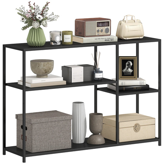 HOMCOM Konsolentisch Flurtisch mit 4 Regalen, Seitentisch mit Stahlrahmen, Metallregal für kleine Räume, Eingangsbereich, Flur, Wohnzimmer, 110 x 30 x 75 cm Schwarz