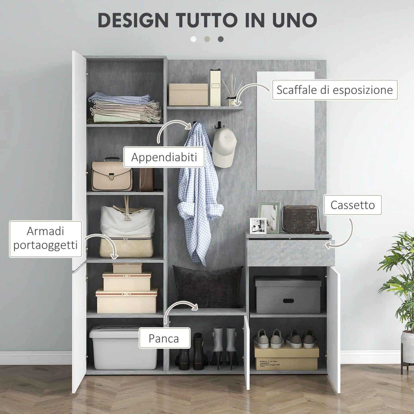 HOMCOM 4-in-1 Garderobenständer mit Spiegel, Haken und verstellbaren Innenregalen, Multitasking Holz-Garderobenmöbel mit Schublade, 145x29x184 cm, Grau und Weiß
