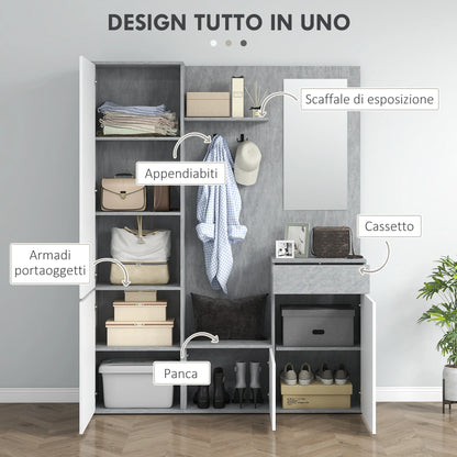 HOMCOM 4-in-1 Garderobenständer mit Spiegel, Haken und verstellbaren Innenregalen, Multitasking Holz-Garderobenmöbel mit Schublade, 145x29x184 cm, Grau und Weiß