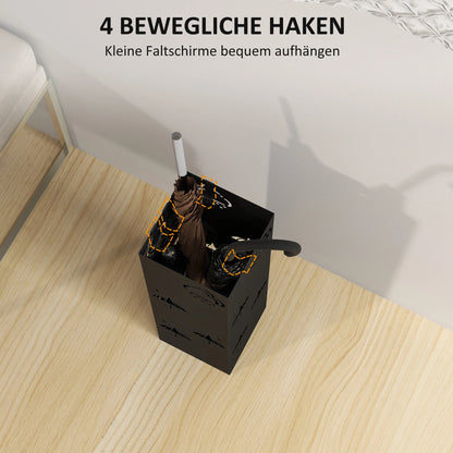 HOMCOM Regenschirmständer mit 4 Haken, abnehmbare Wasserauffangschale, dekorativer Regenschirmhalter für Sonnenschirme, Regentage & Gehstöcke, Stahl 15,5 x 15,5 x 49 cm Schwarz
