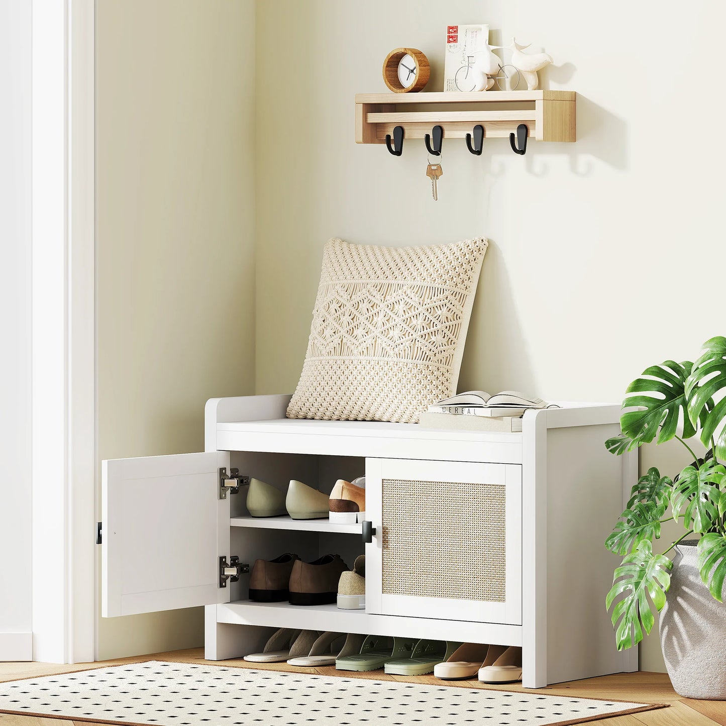HOMCOM Bohemian Schuhbank mit Rattan-Fronttüren, Abnehmbares Regal für 8 Paar Schuhe für Flur und Schlafzimmer 80x35x52 cm Weiß