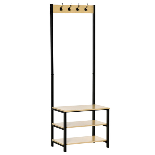 HOMCOM Garderobenständer mit Bank und Metall Schuhregal mit 3 Regalen und 4 Haken zum Aufhängen von Kleidung für Flur/Diele 60x40x175 cm Schwarz und Natur