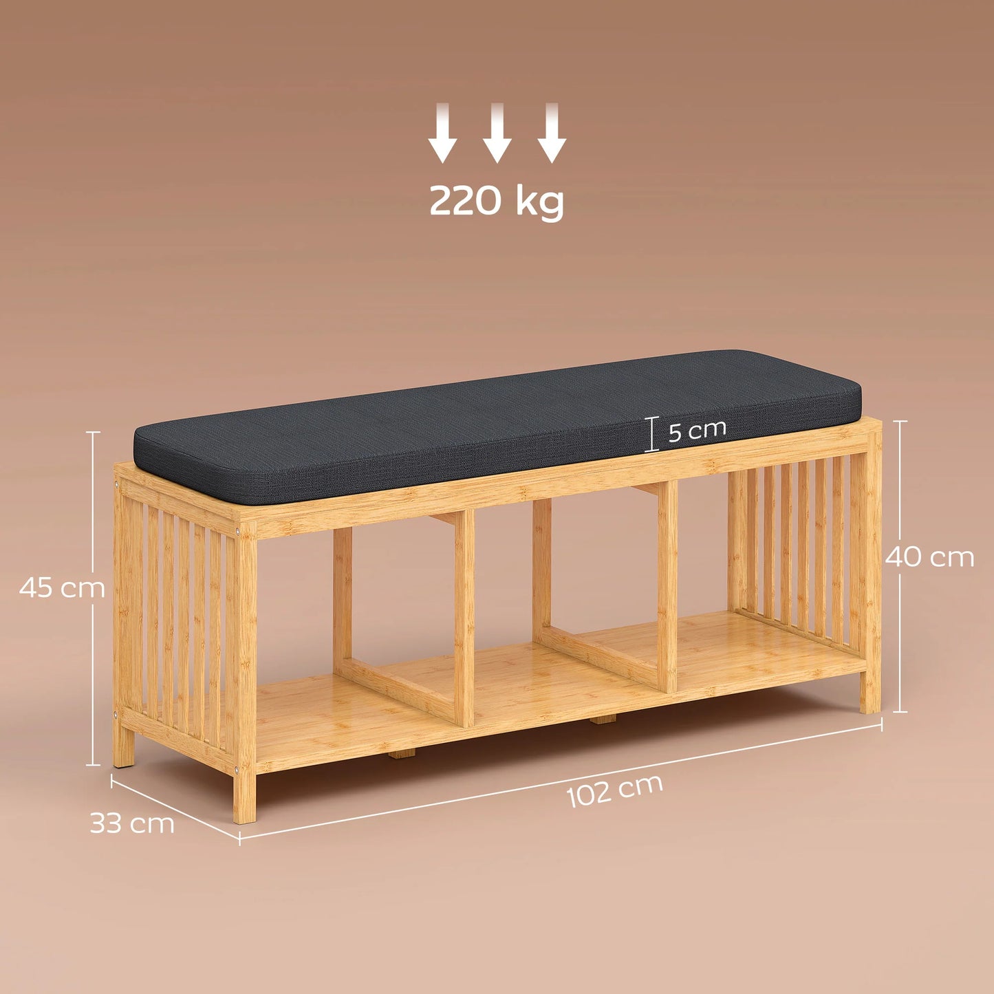 HOMCOM Bambus-Schuhbank mit gepolstertem Sitz und offener Ablage für Flur & Eingangsbereich, 102 x 33 x 45 cm, Naturholz