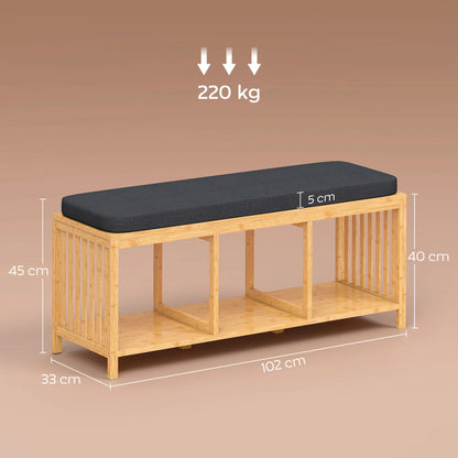 HOMCOM Bambus-Schuhbank mit gepolstertem Sitz und offener Ablage für Flur & Eingangsbereich, 102 x 33 x 45 cm, Naturholz