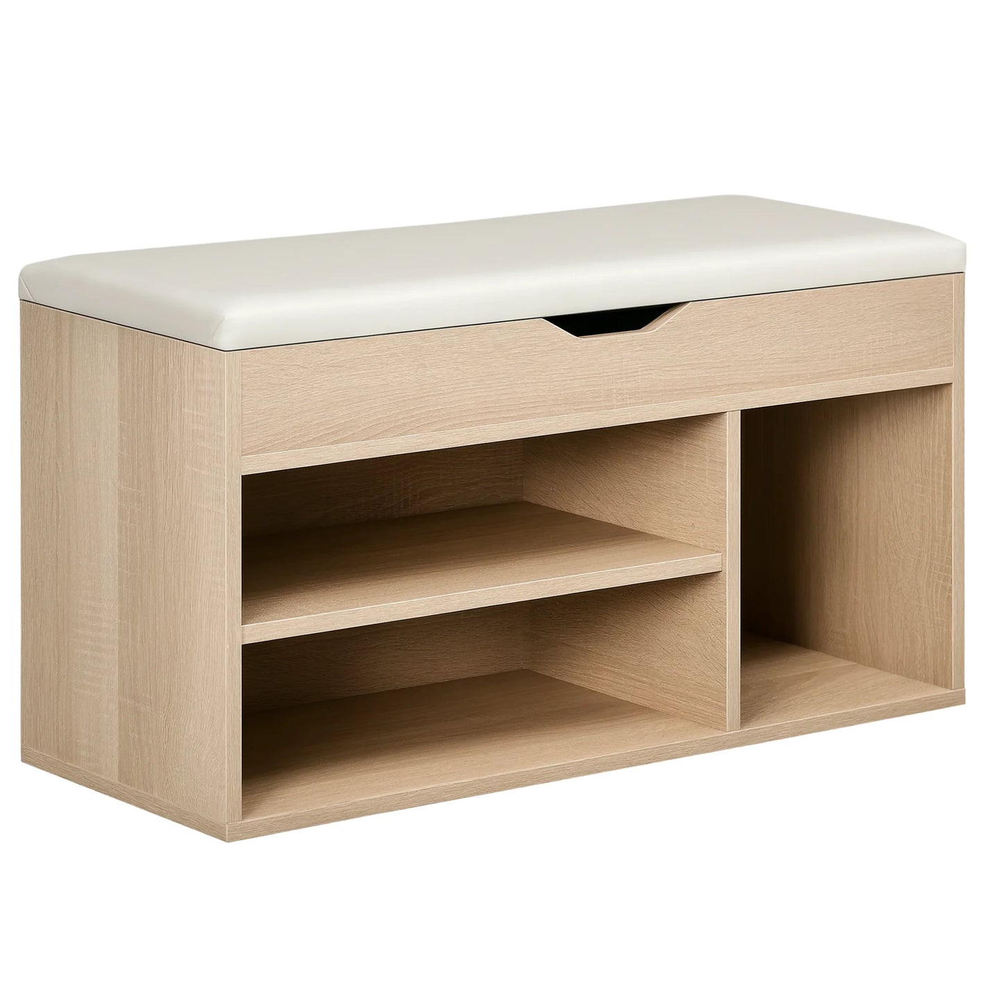 HOMCOM Platzsparender Polster-Schuhe-Schrank, Eingangs-Schränke mit Schuhaufbewahrung, 3 Fächer, PU-Leder Sitzfläche, für Wohnzimmer und Flur, 80x30x43 cm, Holzfarbe