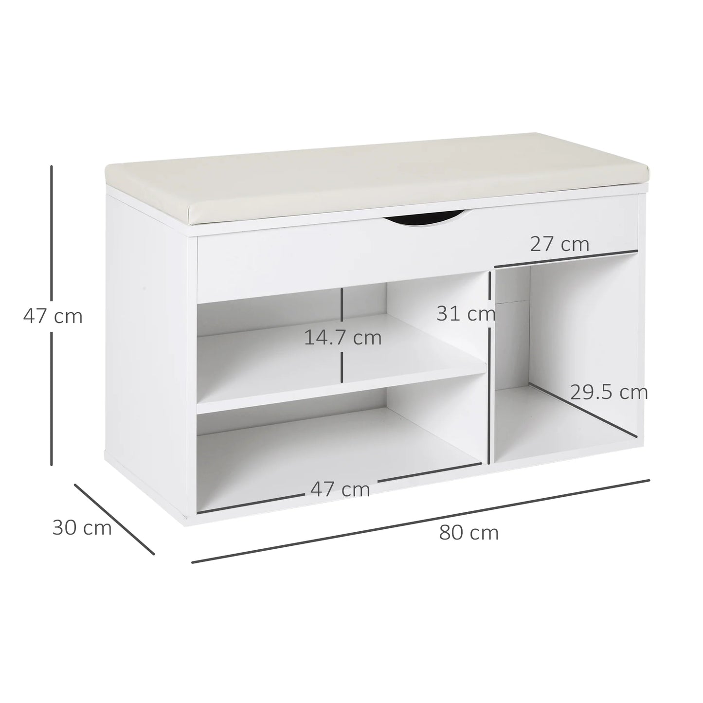 HOMCOM Schuhbank mit Sitzplatz – Moderne Schuhaufbewahrung für den Eingangsbereich mit Schublade, offenen Regalen und 1 Kissen für Flur 80x30x47cm