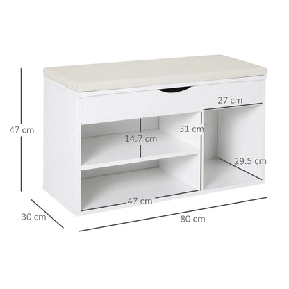 HOMCOM Schuhbank mit Sitzplatz – Moderne Schuhaufbewahrung für den Eingangsbereich mit Schublade, offenen Regalen und 1 Kissen für Flur 80x30x47cm