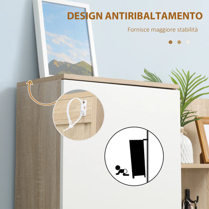 HOMCOM 4-in-1 Garderobenständer mit Spiegel, Haken und verstellbaren Regalen, multifunktionales Möbelstück für den Eingangsbereich aus Holz mit Schublade, 145x29x184 cm, Naturholz und Weiß
