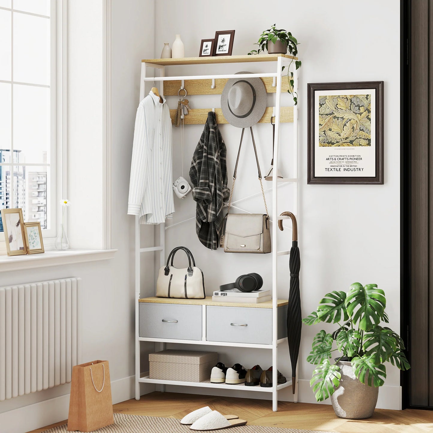 HOMCOM Garderobe mit Schuhregal – Eingangsbereich Garderobe mit Schuhregal, 8 Haken, 2 Stoffschubladen, Maschenregal im industriellen Stil für hängende Kleidung – Flur, Schlafzimmer, Wohnzimmer 80x30x180,5 cm Natur
