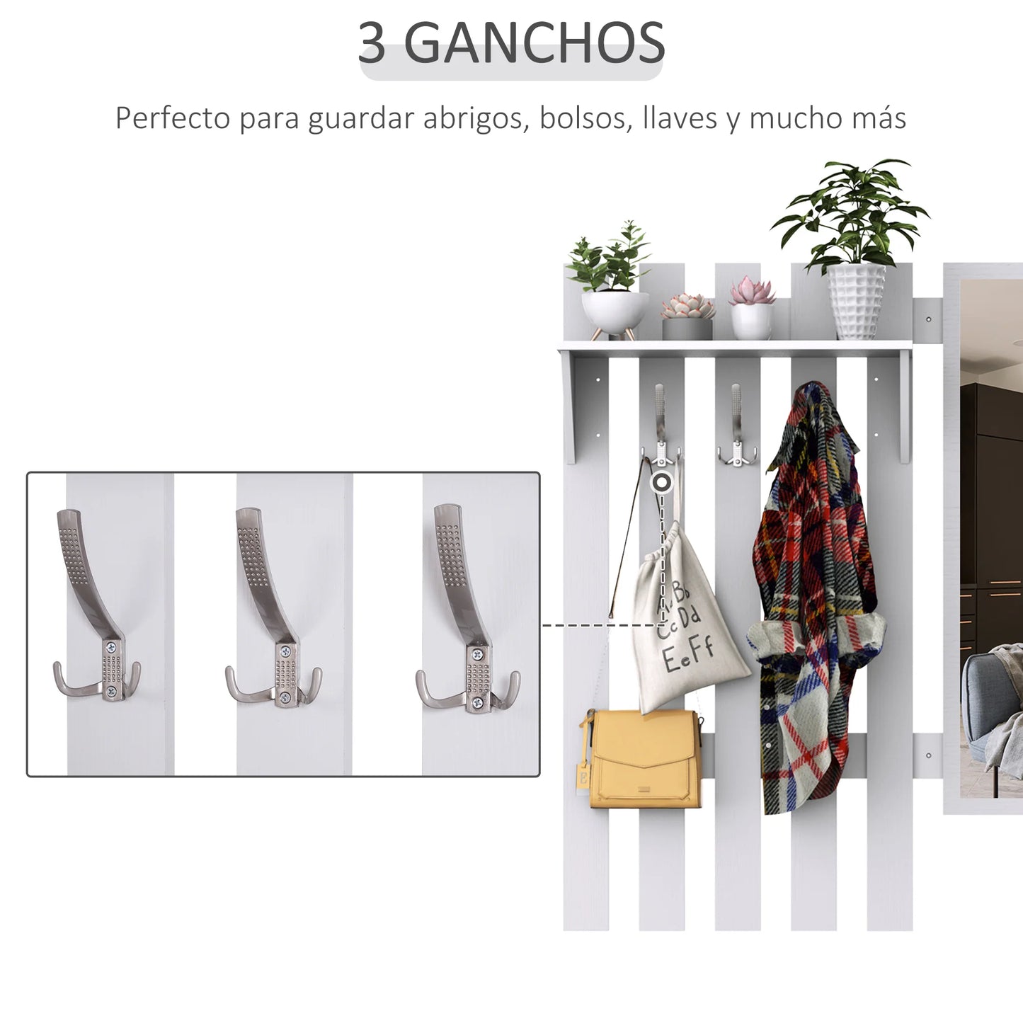 HOMCOM Eingangsset mit Spiegel, Garderobe und Schuhschrank – Eingangsbereich Möbel mit 3 Haken, Regal und 2 Schubladen für Diele in Weiß